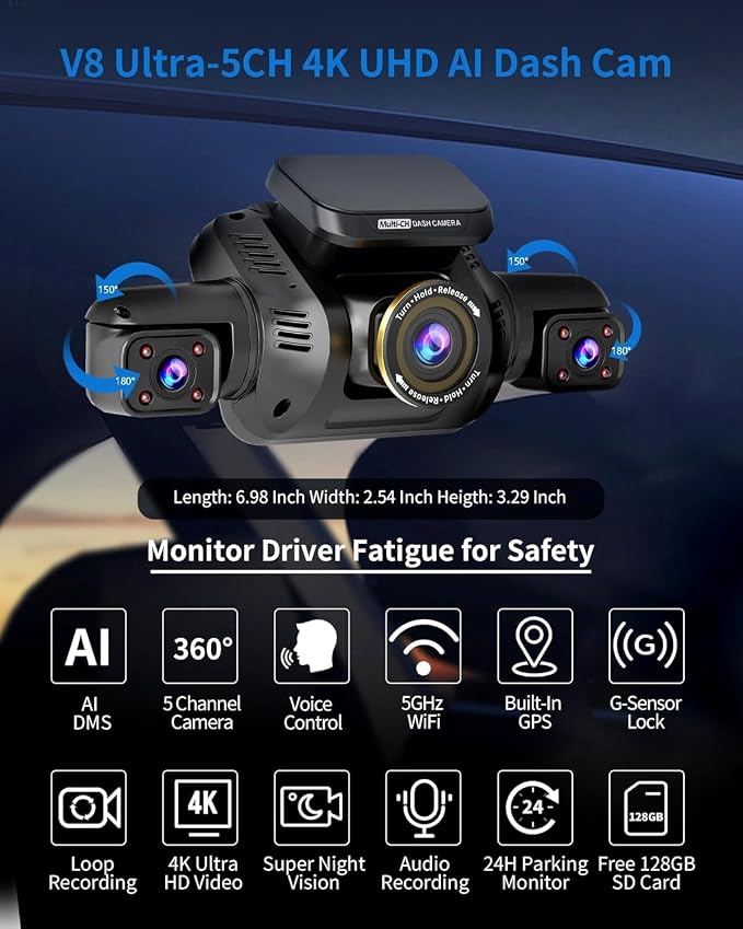 HUPEJOS 360° View 5 Channel Dash Cam Front and Rear with AI Driver Monitor System DMS, 4K Dash Camera for Cars, Built-in GPS 5G WiFi Night Vision, Free 128G Card, 24/7 Parking Monitor Mode