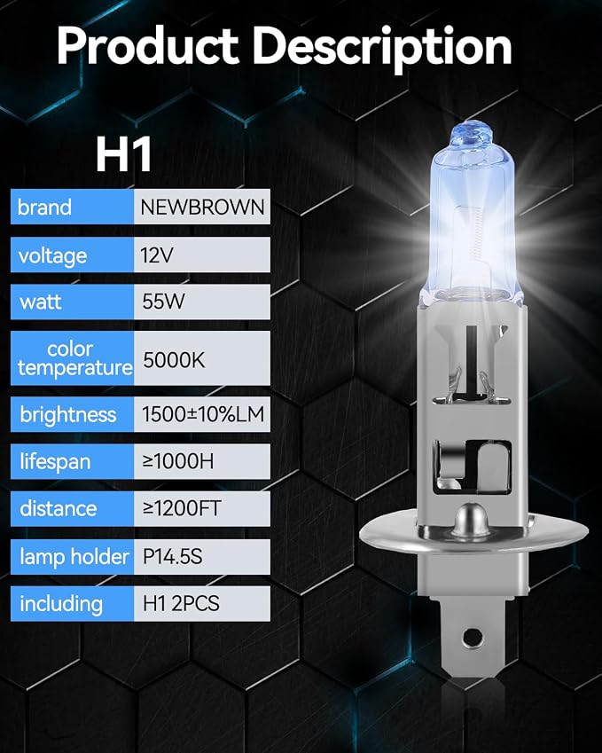 NEWBROWN H1 Headlight Bulb H1 Halogen Headlight Bulb 5000K Super White Light Long Life Replacement P14.5S 12V/55W (H1, 2 Pack)