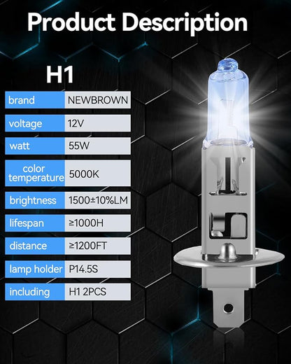 NEWBROWN H1 Headlight Bulb H1 Halogen Headlight Bulb 5000K Super White Light Long Life Replacement P14.5S 12V/55W (H1, 2 Pack)