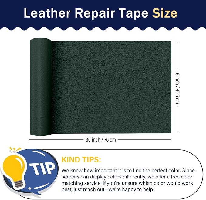 Zenyao Leather Repair Patch Tape - Self Adhesive Leather Repair Kit for Car Seat Furniture, Heavy Duty Vinyl Repair Patch for Couch Sofa, Waterproof Fix for Tears, 16x30 Inch Roll, Dark Green