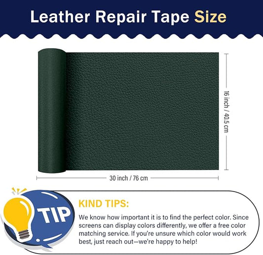 Zenyao Leather Repair Patch Tape - Self Adhesive Leather Repair Kit for Car Seat Furniture, Heavy Duty Vinyl Repair Patch for Couch Sofa, Waterproof Fix for Tears, 16x30 Inch Roll, Dark Green