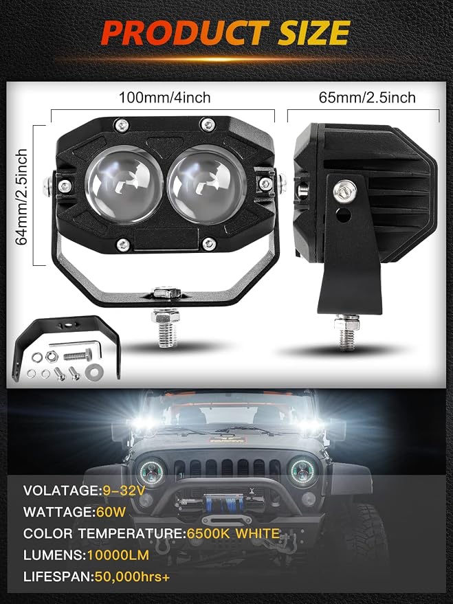 MAYELLO 4-Inch LED Pod Light - 60W Square, Spot Lens Beam, Offroad/Fog, Wiring Harness for Wrangler, Truck, SUV, ATV, UTV, Car, Boat