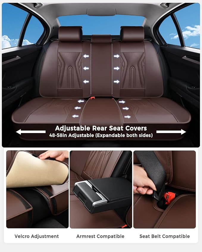 Huidasource Coffee Seat Covers Full Set, Universal Fit for Most Cars Trucks SUV, Full Coverage Leather Seat Cover, Airbag, Cupholder Compatible, Velcro Adjustable, Heaating/Cooling Function Retain
