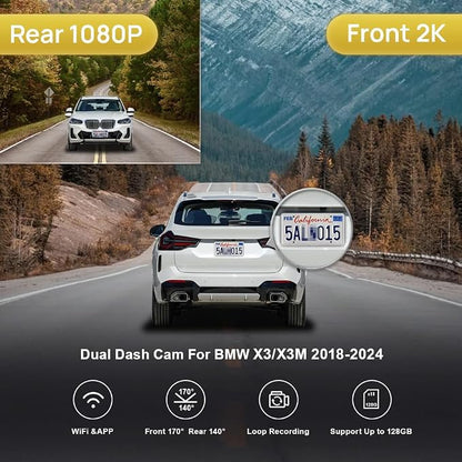 Fitcamx 2K Dual Dash Cam Suitable for BMW X3 X3 M 2018-2024 M40i Sdrive Xdrive30i 30e G01 (HD2-6153), OEM Look, Front 1440P+Rear 1080P HD Video, Loop Recording, WiFi & APP, G-Sensor, 64GB Card