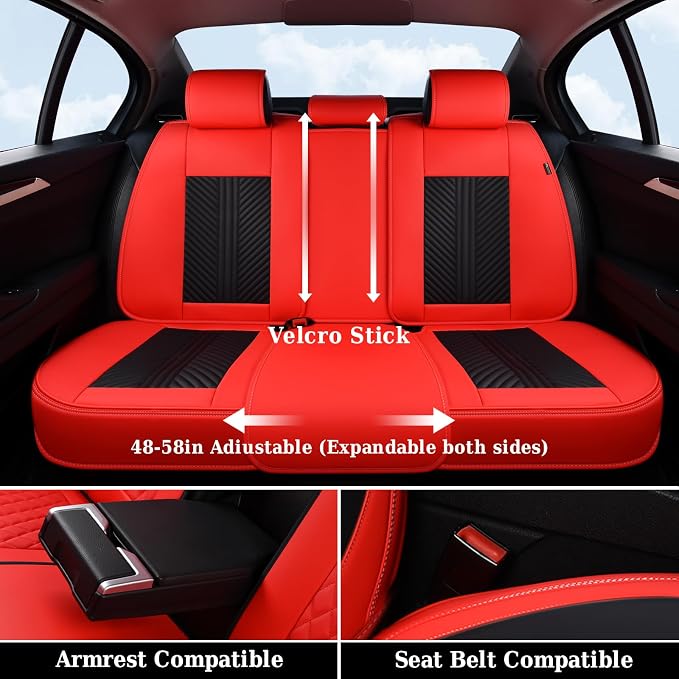 Coverado Car Seat Covers Full Set, 5 Seats Leather Seat Covers for Cars, Waterproof Front and Rear Car Seat Cushions Protectors Universal Fit Most Vehicles (Black&Red)
