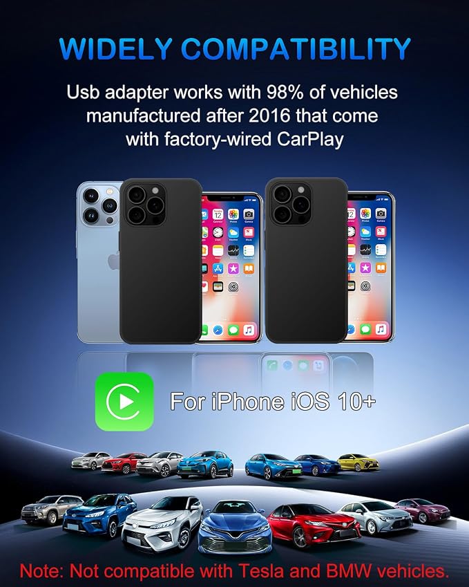 Wireless CarPlay Adapter for iPhone, Mini Size Plug & Play, Stable Fast Connection, Compact USB-A/USB-C for iPhone iOS 10+ with Manual