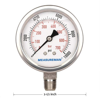 MEASUREMAN 2-1/2" dial,Glycerin Filled Hydraulics Pressure Gauge Stainless Steel case, 316 SS Wetted Part, 0-10000psi/bar1/4 NPT,Lower Mount