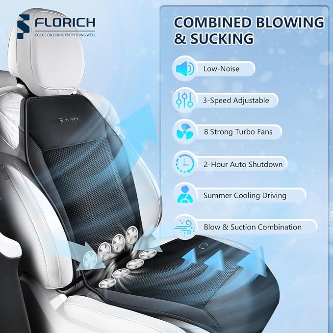 FLORICH Cooling Seat Covers Ventilated Car Seat Cover with 8 Turbo Fans 12V-24V 3-Speed Adjustable Car Seats Cooling Pad Cushion Universal Fit for Car SUV Truck Van Summer Driving
