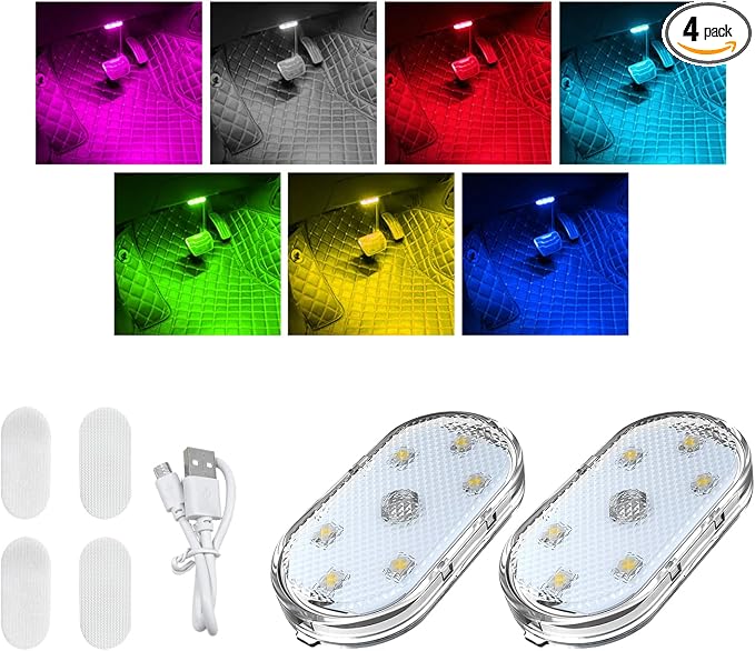 KVAEY 4 PCS Car LED Lights Interior Wireless, 7 Colors Magnetic Auto Ambient Light with 6 Bright LED Lamp Beads, Portable USB Rechargeable Vehicle Interior Led Night Light (Colorful, Sticky, 2pcs)
