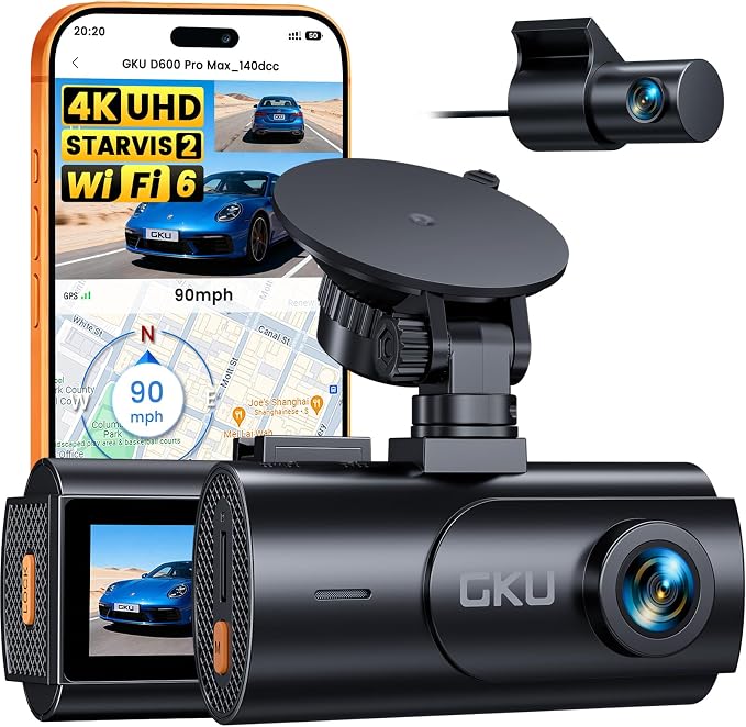GKU 4K Dual Dash Cam Front and Rear, STARVIS 2 Sensor, 5.8GHz WiFi6 Up to 20MB/s, Voice Control, Dash Camera with GPS, WDR Night Vision, 24H Parking Mode, Loop Recording, Supercapacitor(No SD Card)