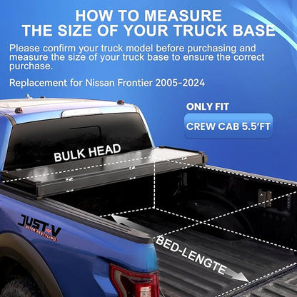 Just-V Hard Tri-Fold Truck Bed Tonneau Cover for Nissan Frontier 2005-2024 Only Fit Crew Cab 5FT Bed, Upgrade Solid FRP Textured Black, Requires Bracket