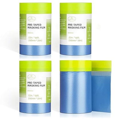 Tangibay Pre-Taped Masking Film for Painting - 22" x 66' Painters Plastic Sheeting with Automotive Paint Tape and Drape for Covering Cars, Walls, Windows and Furniture Protection (4 Rolls)