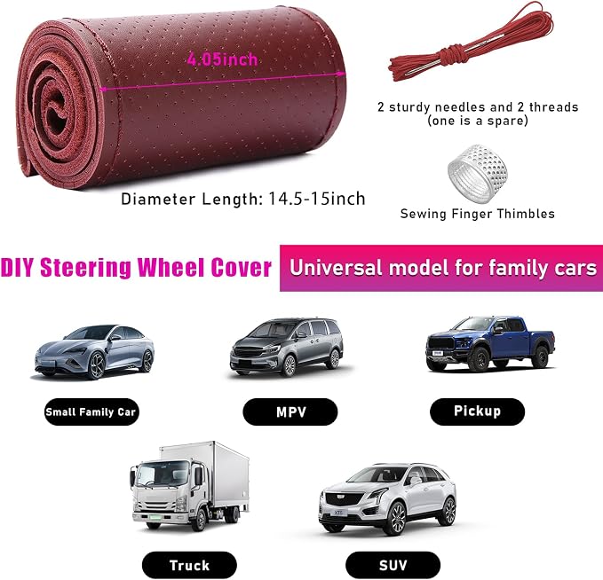 Ziciner Genuine Leather Steering Wheel Cover, Stitch on Wrap, Breathable Anti-Slip Car Steering Wheel Protector for Max Diameter 15 Inch, DIY Sewing with Needles Thread (Wine Red, Hole)