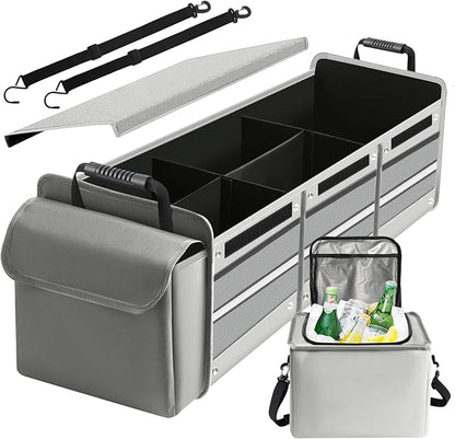 Snuopfy Car Trunk Organizer,115L Heavy Duty Collapsible Trunk Storage, with Insulated Leakproof Cooler Bag Vehicle Cargo Organizer with Lid, 3 Compartments, Straps For Car,Suv,Jeep,Sedan-Grey