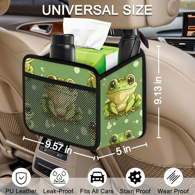 Car Backseat Organizer, PU Leather Back of Seat Cars Hanging Organizer with Pockets Leakproof Car Garbage Bag Hanging Cars Seat Storage Box Travel Accessories Foldable (Green Frog)