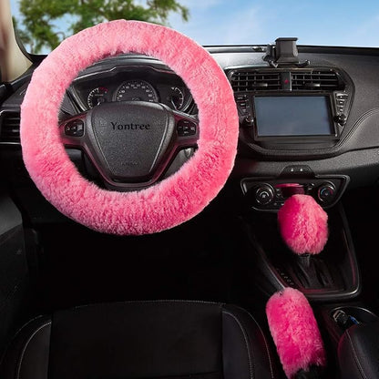 Yontree Fashion Fluffy Steering Wheel Covers for Women/Girls/Ladies Australia Pure Wool 15 Inch1 Set 3 Pcs(Pink)