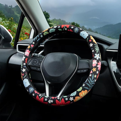 Colorful Floral Flowers Steering Wheel Cover Auto Steering Wheel Protector, Anti-Slip, Breathable, Absorbing Sweat, Universal Floral Car Accessories 14.5–15 inch