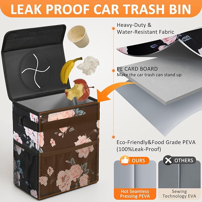 Vankor 3 Gallons Car Trash Can with Lid, Car Bag Bin Hanging Waterproof Automotive Garbage Cans Leak Proof Vehicle Trash Can Black Floral