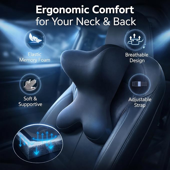Car Headrest Pillow，Neck Support for Office Chair,100% Memory Foam Car Neck Pillow - Ergonomic Neck Support with Adjustable Double Strap, Breathable Comfort for Car, Gaming & Office Chairs