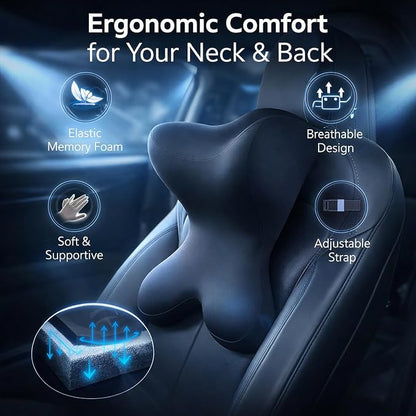 Car Headrest Pillow，Neck Support for Office Chair,100% Memory Foam Car Neck Pillow - Ergonomic Neck Support with Adjustable Double Strap, Breathable Comfort for Car, Gaming & Office Chairs