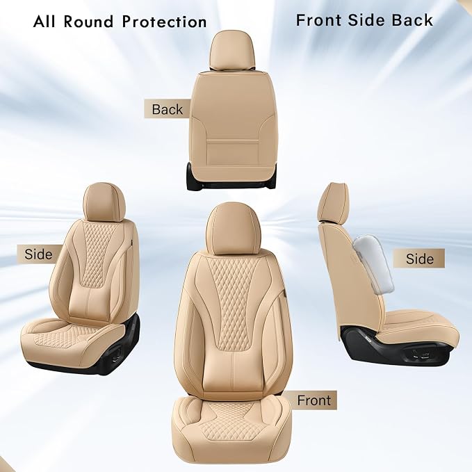 Coverado Waterproof Nappa Leather Car Seat Covers, Automotive Fullset Seat Covers, 5 Seat Car Seat Cushion & Car Seat Protector, Beige Front and Rear Covers Universal Fit for Most Cars, SUVs, Trucks