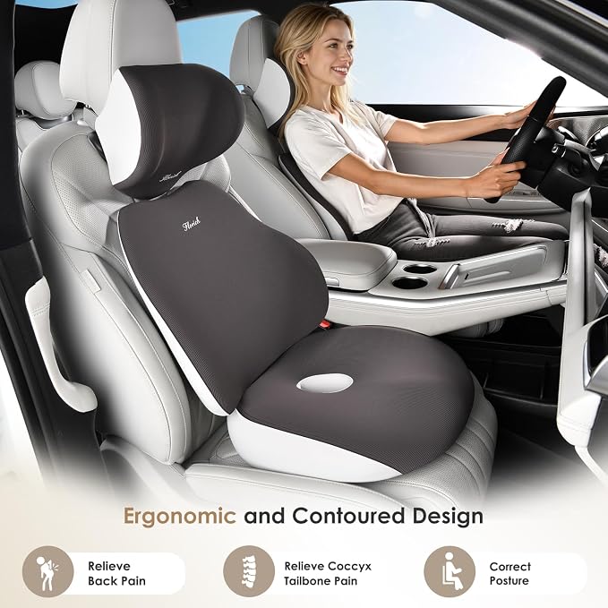 FLORICH Car Seat Cushion & Lumbar Support Pillow & Car Neck Pillow, Ergonomic Memory Foam Driving Seat Cushion for Back & Sciatica Pain Relief, Non-Slip Washable Cushion for Car, Driver, Office-Gray
