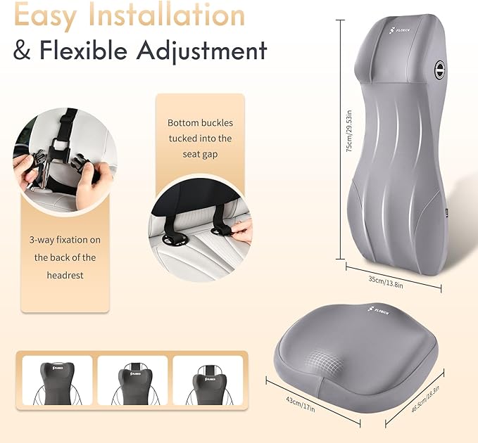 FLORICH Car Seat Cushion and Lumbar Support Headrest Pillow Memory Foam Seat Cushion Ergonomic 2-in-1 Car Neck Pillow & Back Support for Car Truck Seat Long Driving Sciatica Tailbone Pain Relief, Gray