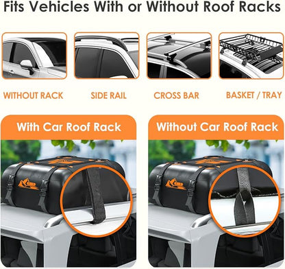 Car Rooftop Cargo Carrier Bag 15 Cubic Feet, 100% Waterproof Heavy Duty Car Roof Bag for All Vehicle with/Without Racks - Anti-Slip Mat, 4 Door Hooks, Storage Bags, 4PCS 3.8CM Straps(Orange)