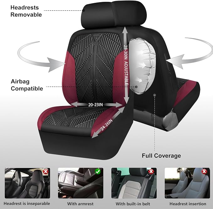 CAR PASS Waterproof Black Red Car seat Covers Front Seat Covers Neoprene Wetsuit,All-Weather Non-Slip Durable,Universal Fit for SUV Sedan Truck Automotive,Armrest Airbag Compatible,Emboss Black Red