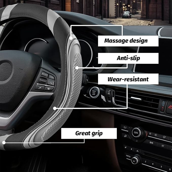 Osilly 15 Inch Car Leather Steering Wheel Cover, Automotive Accessories Elastic Breathable Anti-Slip Soft Wheel Protector Fits Men and Women, Suitable for SUVs, Trucks, Vehicles and RVs (Light Gray)