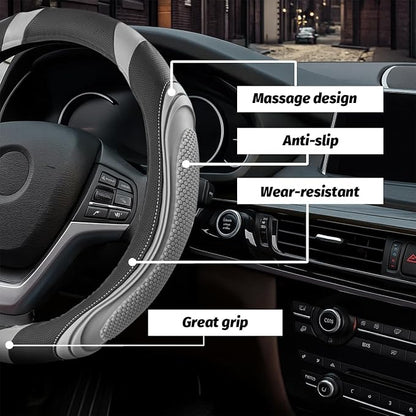Osilly 15 Inch Car Leather Steering Wheel Cover, Automotive Accessories Elastic Breathable Anti-Slip Soft Wheel Protector Fits Men and Women, Suitable for SUVs, Trucks, Vehicles and RVs (Light Gray)