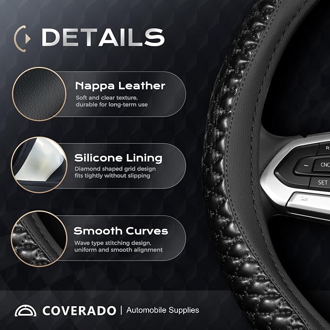 Coverado Nappa Leather Steering Wheel Cover Universal 14-15 Inch Anti-Slip Breathable Steering Wheel Protector Luxury Auto Decor for Men Women Blackline