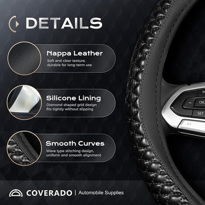 Coverado Nappa Leather Steering Wheel Cover Universal 14-15 Inch Anti-Slip Breathable Steering Wheel Protector Luxury Auto Decor for Men Women Blackline
