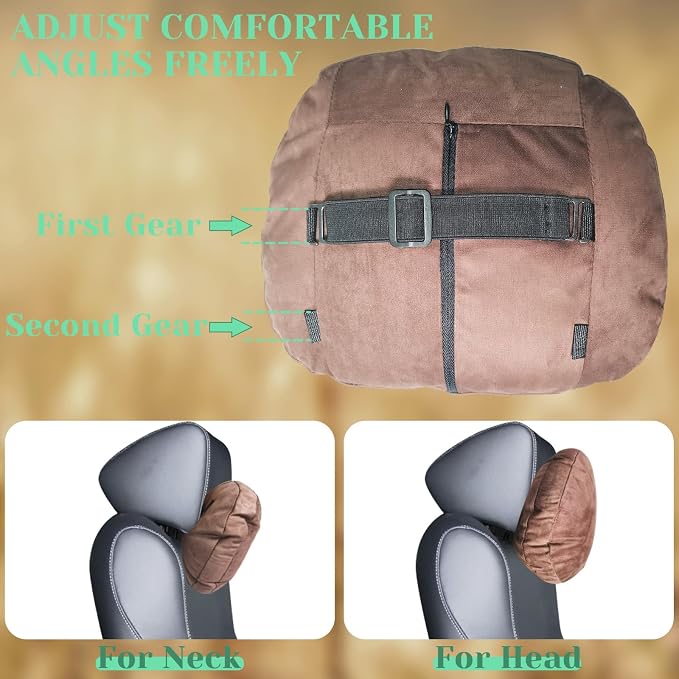 1 Pack Universal Car Headrest & Neck Support Pillow Soft Auto Seat Headrest Neck Rest Cushion for Driving with Adjustable Strap, Memory Cotton and Removable Cover, Ergonomic Design Brown