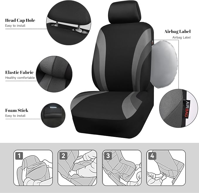CAR PASS Line Rider Sporty Front Seat Covers,Gray Car Seat Covers Two Front Seats Only, Airbag Compatible,Universal Fit Sedans,Cars,Vans,SUV,Truck(Black and Gray)