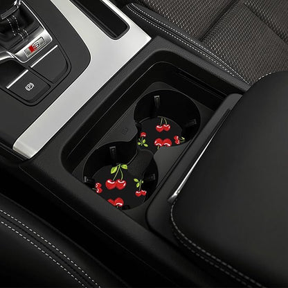 Cherry Hearts Red Steering Wheel Cover + 2 Pc Cherry Hearts Car Coasters | Breathable Universal for 14-15 Inch Car Anti-Slip for Men Women