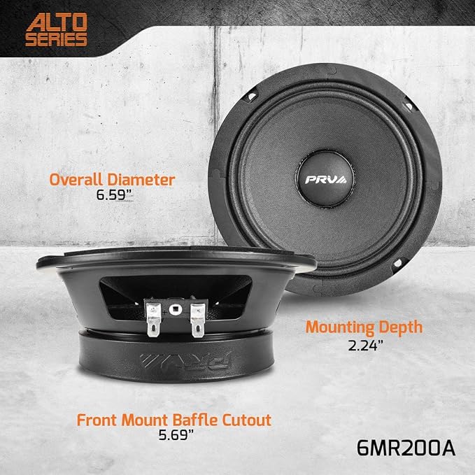 PRV AUDIO 6.5 Inch Shallow Midrange Speaker, 6MR200A, 200 Watts, 8 Ohm Shallow Mount Car Audio Slim Speaker, 1.5 in Voice Coil, Compact for Doors (Single)