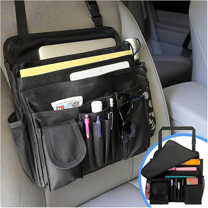 Car Front Seat Organizer, Car Backseat Organizer with Adjustable Shoulder Strap, Passenger Seat File Storage Bag with Dedicated Laptop Tablet Holder Cup Holder for Car Law Enforcement (Black)