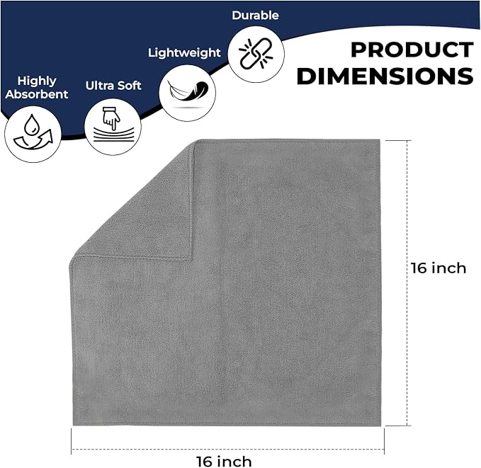 SAIU Microfiber Cleaning Cloths 16x16 in Grey/Blue/Yellow Higher Absorency 12 Pack, Car Washing Cloth Dry Dust Polish Multiple Uses