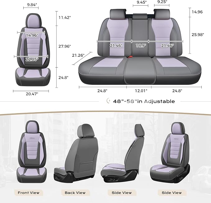 Coverado Car Seat Covers Full Set, Nappa Leather Seat Covers for Cars, Car Seat Protector Car Seat Cushion, Front and Back Seat Protectors Cushions Universal Fit for Most Cars Vehicles(Gray&Purple)