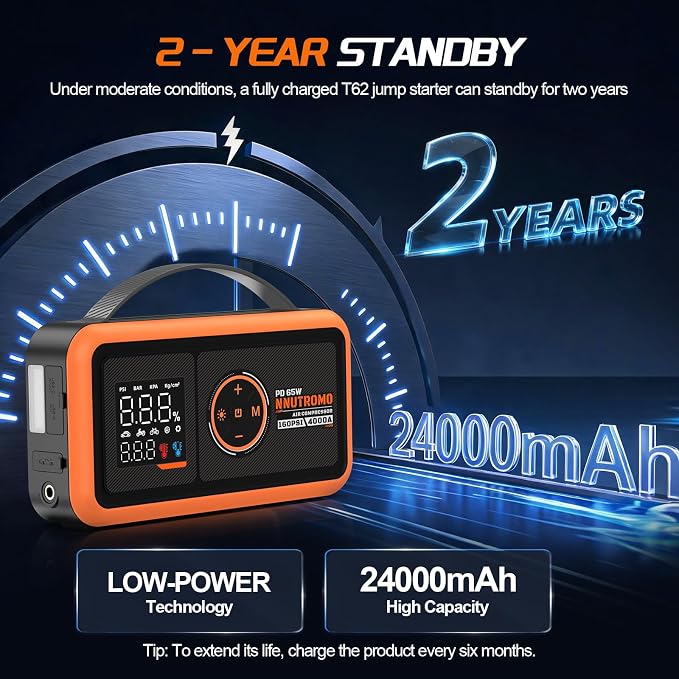 4000A Car Battery Jump Starter with 160PSI Air Compressor & 65W Fast Charger, 24,000mAh 88.8Wh Portable Jump Box (10.0L Gas/10.0L Diesel), 12V Car Battery Booster with Tire Inflator-Vibrant Orange