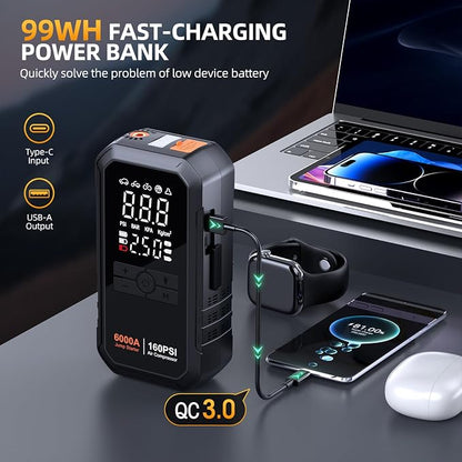 Portable 10-in-1 Car Battery Jump Starter with Air Compressor 6000A 160PSI Portable Car Jumper Starter (All Gas 12L Diesel), 12V Jump Box Car Battery Jump Starter Portable Jumper Cables, Lights