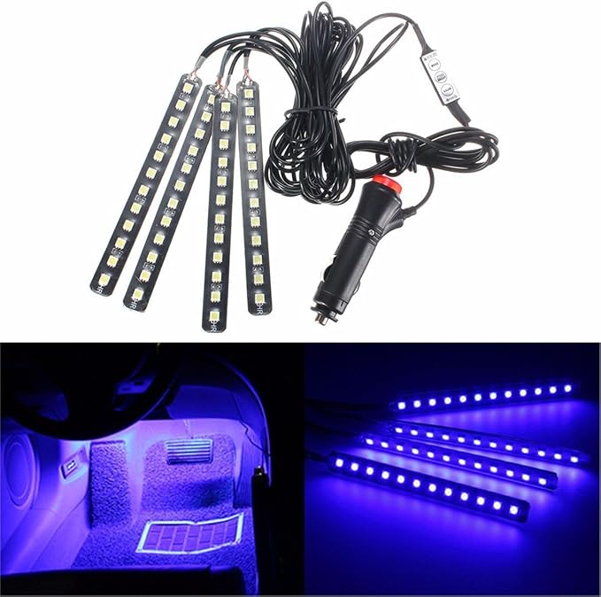 Car LED Strip Light, EJ's SUPER CAR 4pcs 48 LED Car Interior Lights Under Dash Lighting Waterproof Kit,Atmosphere Neon Lights Strip for Car,DC 12V(Blue)