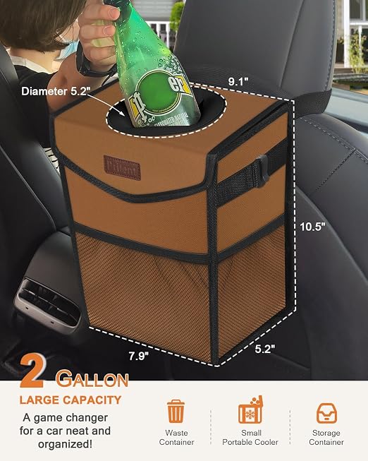 Pritent Car Trash Can with Lid, Cute Leakproof Car Trash Garbage Bag Hanging Vehicle Trash Bin Small Portable Automotive Garbage Cans Organizer for Back/Front Seat(Trapezoid,Brown)