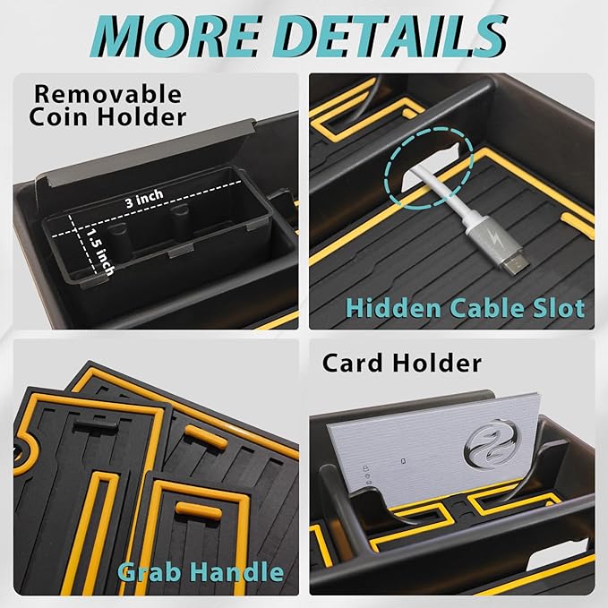 BestEvMod Upgraded V3 Armrest Storage Box and Cup Holder Lower Center Console Organizer Tray with PVC Trim Removable Coin Holder Compatible with Rivian R1T/R1S 2022-2024 (V3 Console+Lower Tray Yellow)