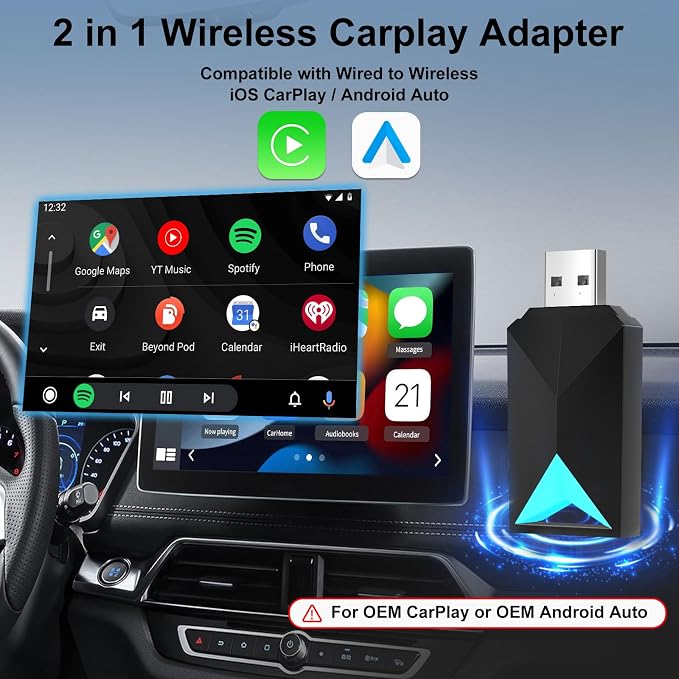 Wireless CarPlay Adapter Android Auto, 2 in 1 Wired to Wireless Carplay Dongle Fit for Factory Wired CarPlay/Android Auto Cars 2016+, 5GHz WiFi Low Latency Plug & Play Online Update Black