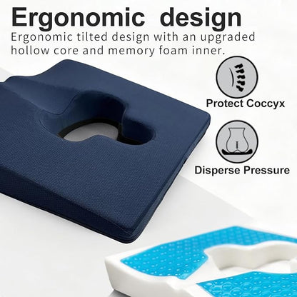 Gel Wheelchair Seat Cushion,Bed Sore Cushions for Butt,hemorrhoid pillow for Chair,Pressure Sore cushion,Memory Foam Butt Pillow,Sciatica,Coccyx,Pressure Ulcer Pain Relief,Washable Cover(Blue)