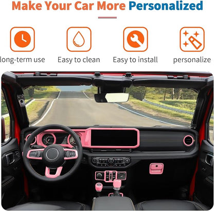JeCar 14-Piece Pink Interior Accessories Trim Kit for 2024-2025+ Jeep Wrangler JL 4XE Gladiator JT- Center Console Dash Panel Interior Upgrade