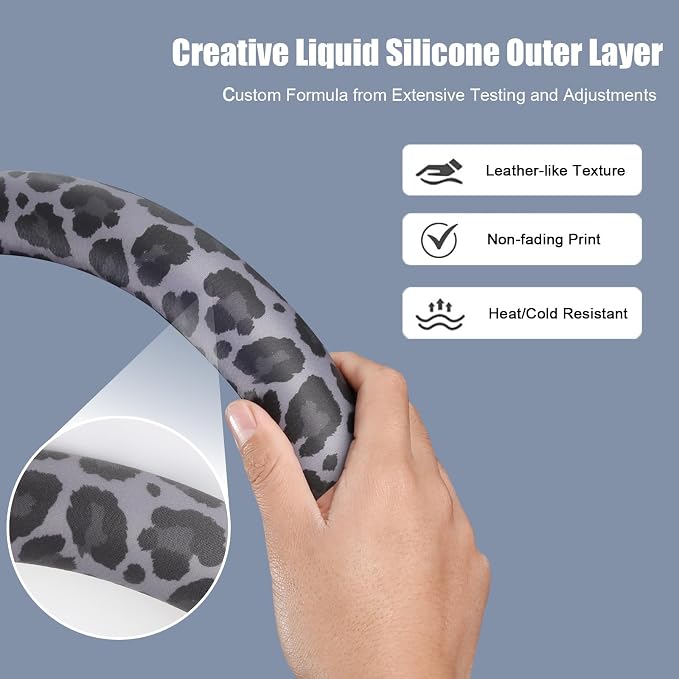 Black Leopard Print Steering Wheel Cover with Silicone Inner Ring, Non-Toxic, Odorless Silicone Leather with Non-Fading Pattern for Men Women, Universal 14.5 to 15 Inch (Black Leopard Print)