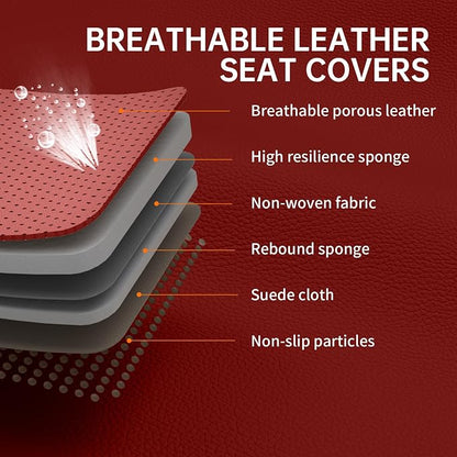 Burgundy Red Car Seat Covers Full Set, Luxury Faux Leather Red Seat Covers for Cars Front and Back Seats Protector, Waterproof Full Wrapped Covers Universal Fit for Most Cars Sedans SUVs